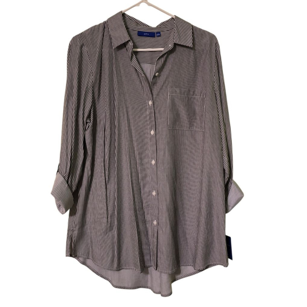 APT.9 Gray White Striped Long Sleeve Button Front Shirt W-L‎ Office, Casual